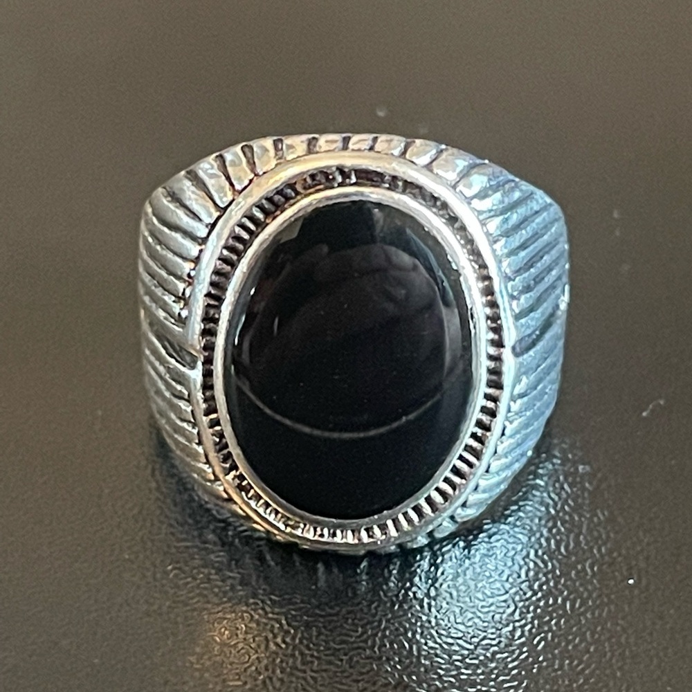 Oval black obsidian S925 silver ring